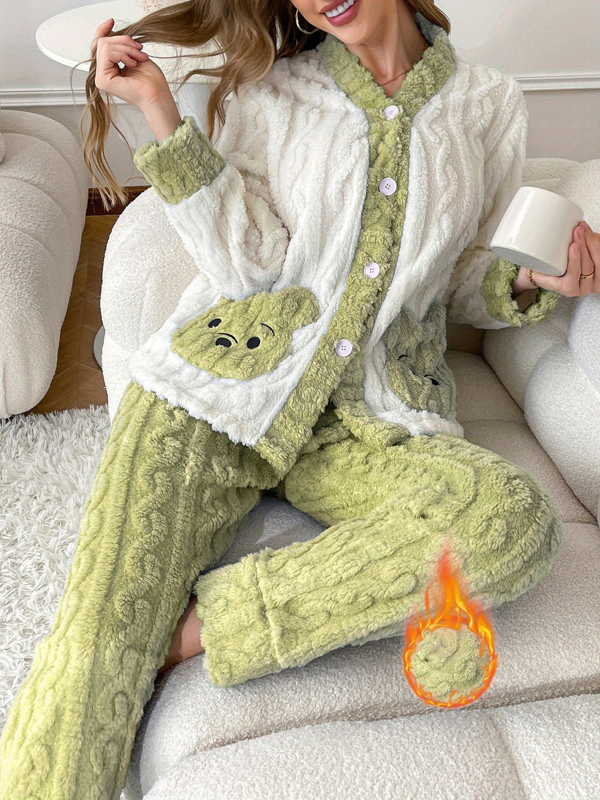 Plus Size Bear Pocket Cardigan Pyjama Set – image 2