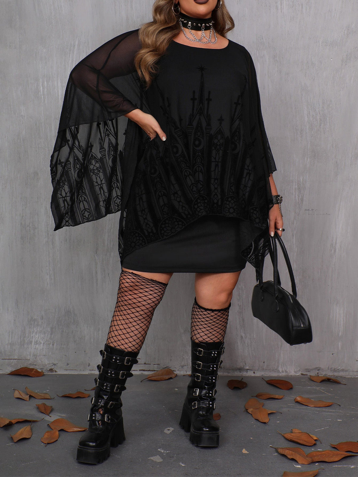 Plus Size Black Gothic Cape Sleeve Bodycon Dress – image 7