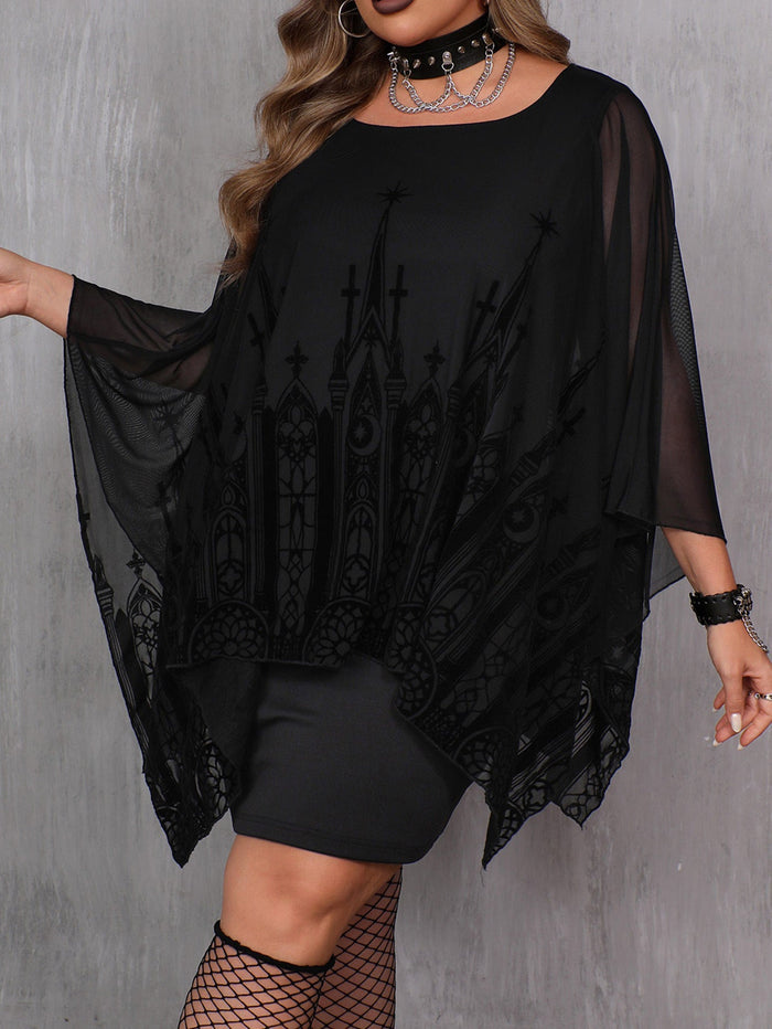 Plus Size Black Gothic Cape Sleeve Bodycon Dress – detail 2