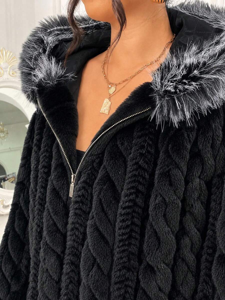 Plus Size Black Hooded Zip-Up Coat – image 10