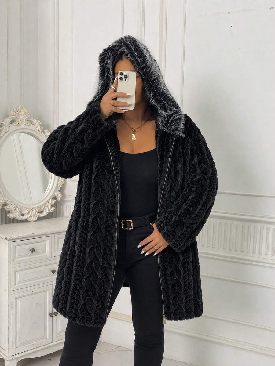 Plus Size Black Hooded Zip-Up Coat – image 9