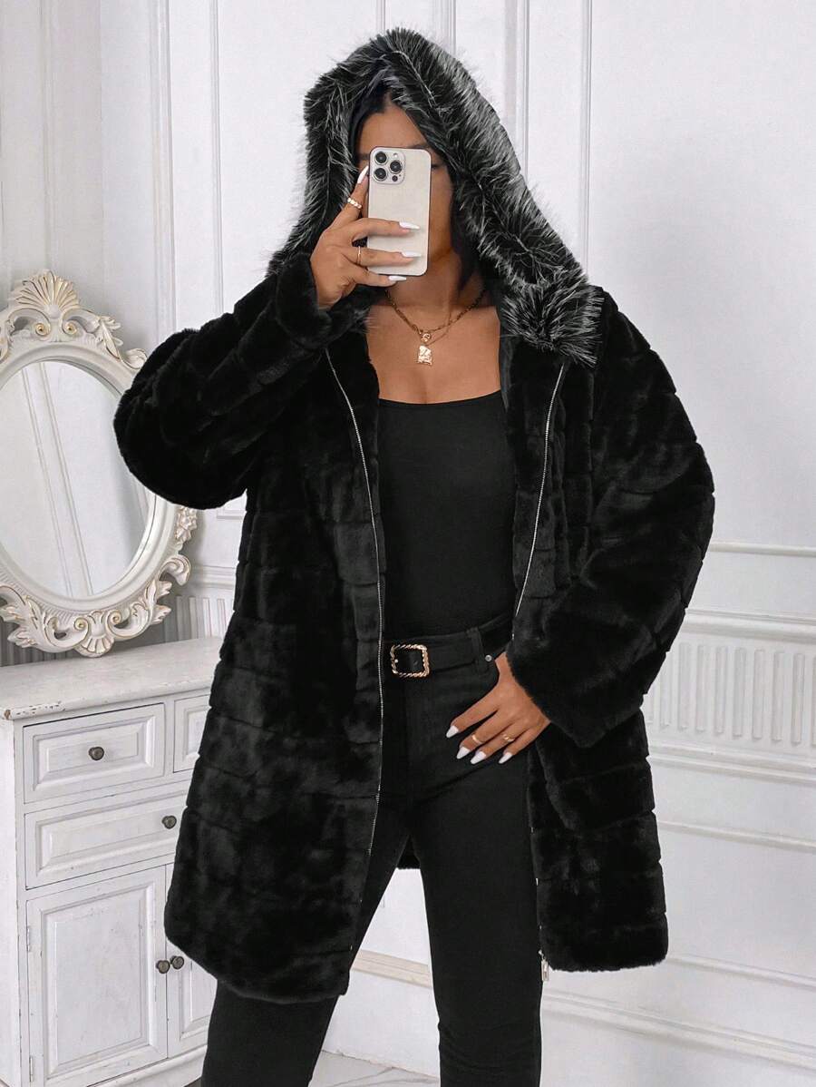 Plus Size Black Hooded Zip-Up Coat – image 4
