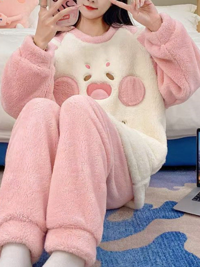 Plus Size Cartoon Print Fleece Pyjama Set – detail 3