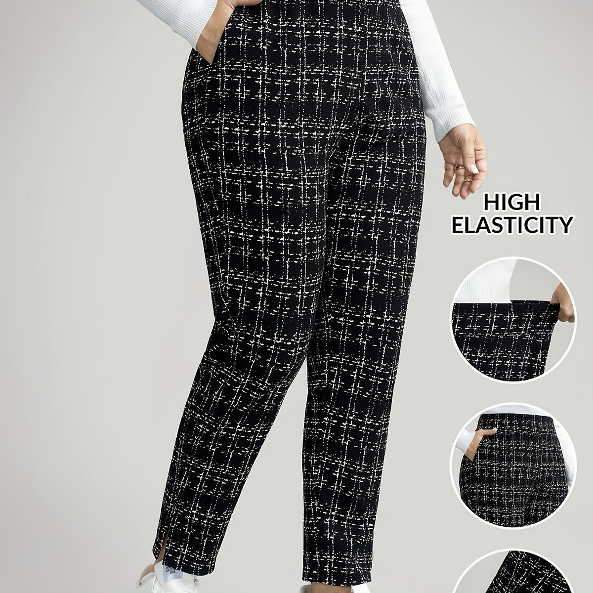 Plus Size Checked Stretch Tapered Trousers – image 3