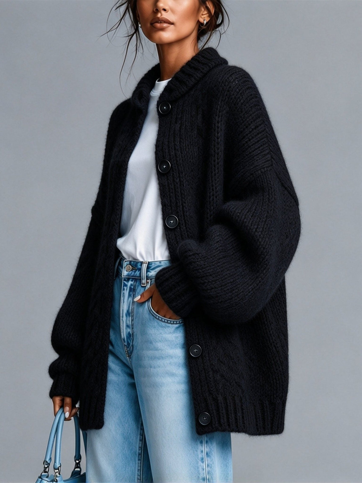 Plus Size Crew Neck Button-Up Cardigan, view 6