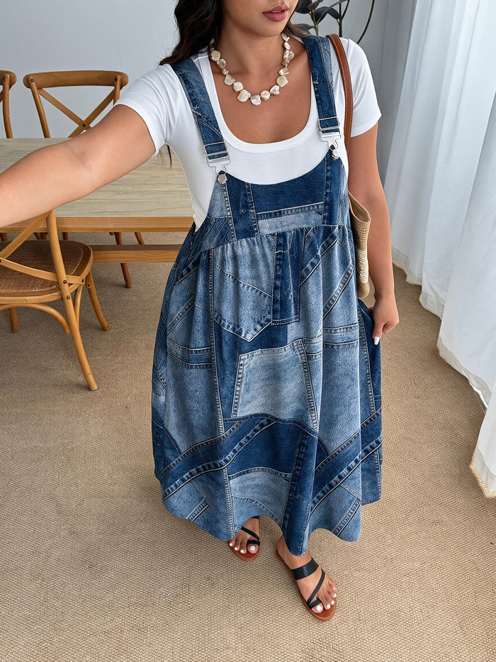 Plus Size Denim-Look Print A-Line Midi Dress with Pockets – detail 4