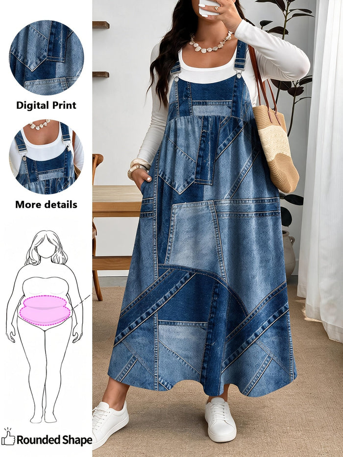 Plus Size Denim-Look Print A-Line Midi Dress with Pockets – detail 3