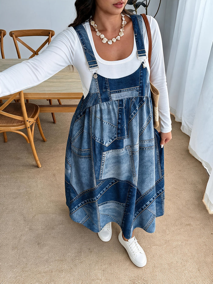 Plus Size Denim-Look Print A-Line Midi Dress with Pockets – detail 1
