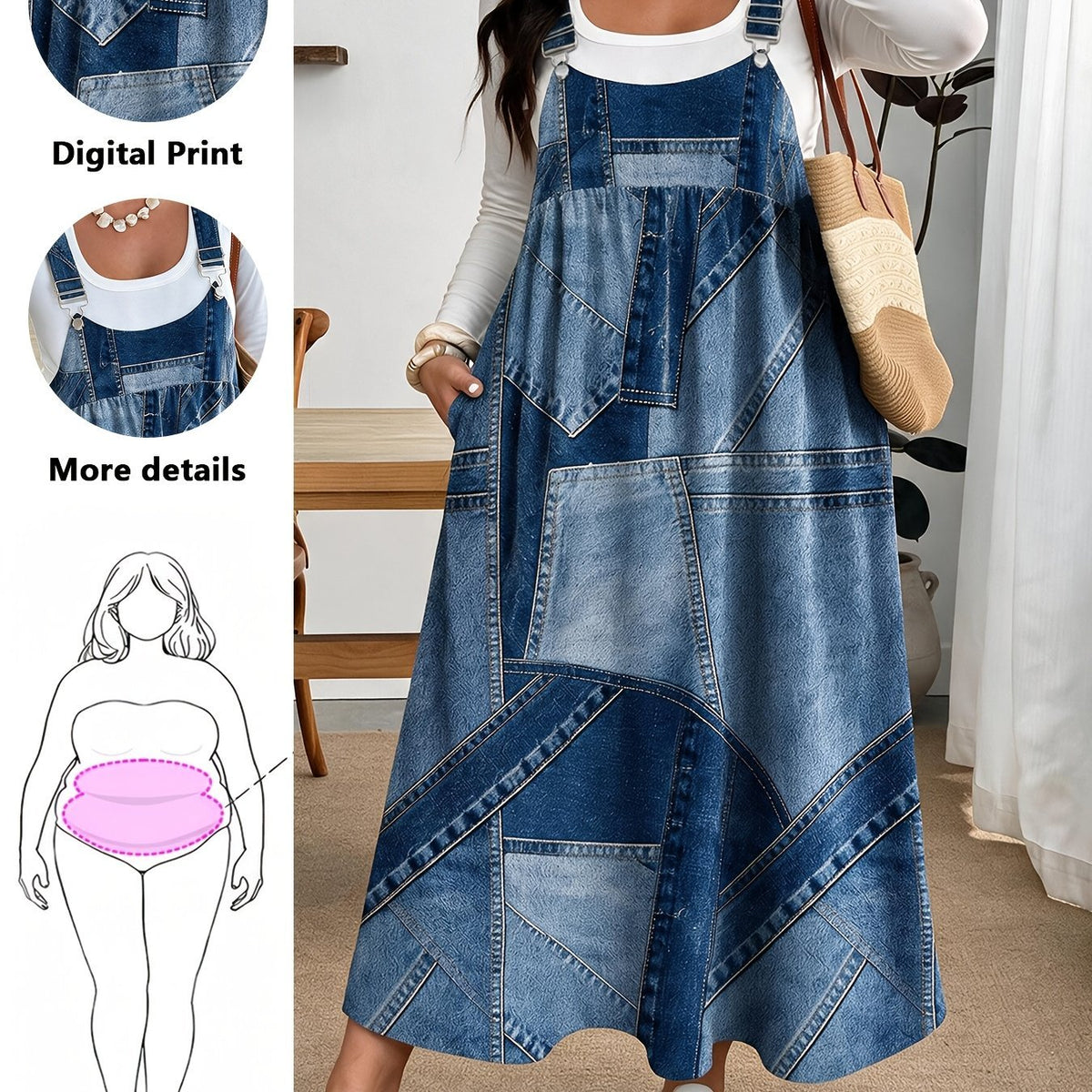 Plus Size Denim-Look Print A-Line Midi Dress with Pockets – image 8