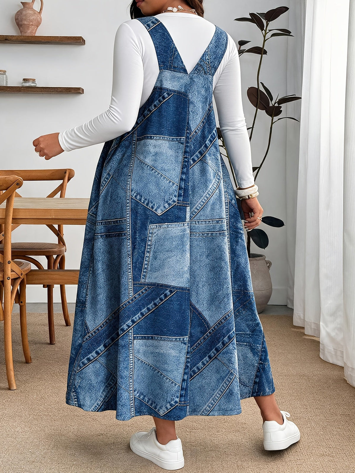 Plus Size Denim-Look Print A-Line Midi Dress with Pockets styled