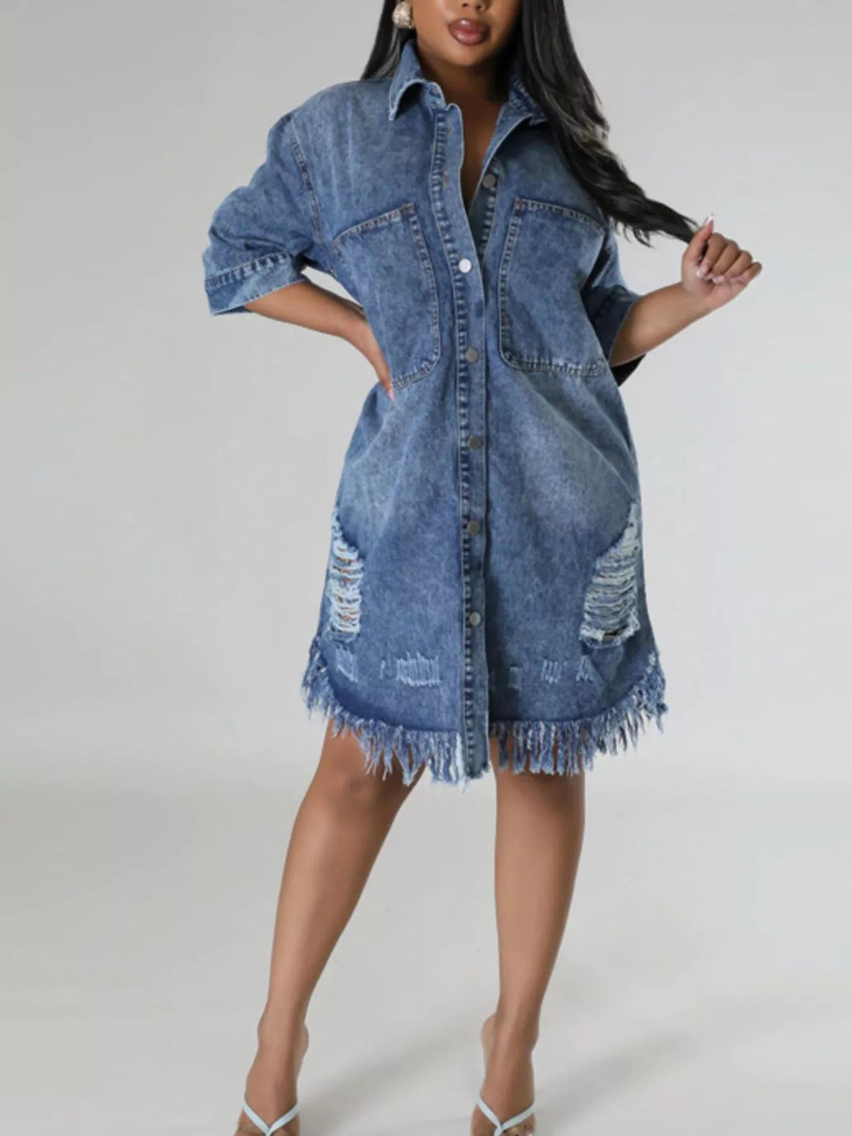 Plus Size Distressed Frayed Hem Button-Down Denim Dress – image 1
