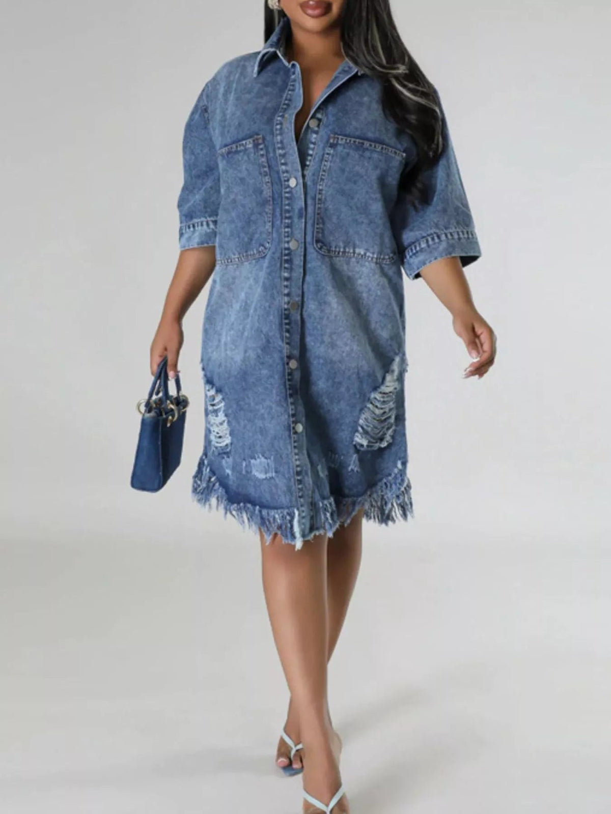 Plus Size Distressed Frayed Hem Button-Down Denim Dress – image 2