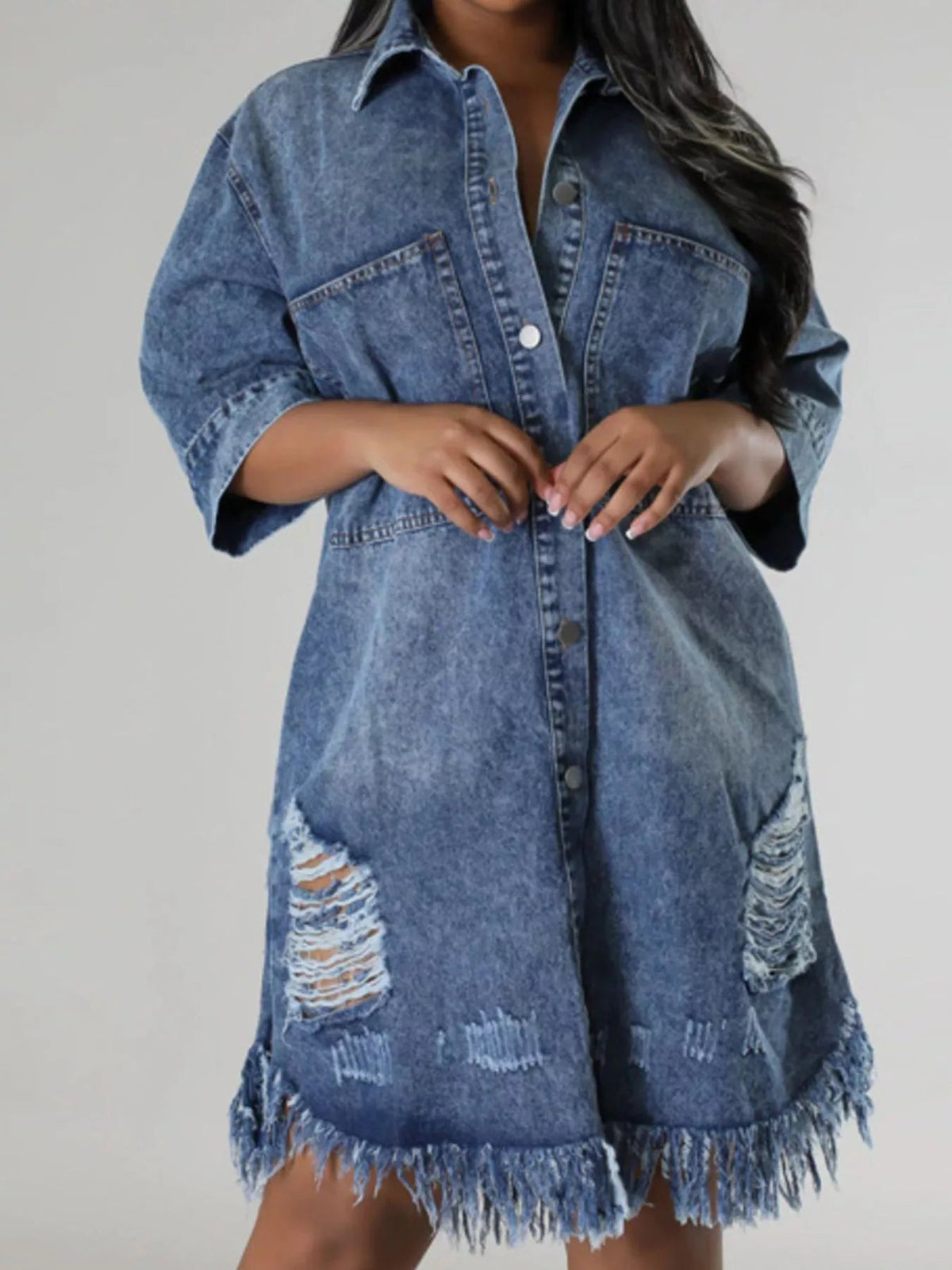 Plus Size Distressed Frayed Hem Button-Down Denim Dress – image 5