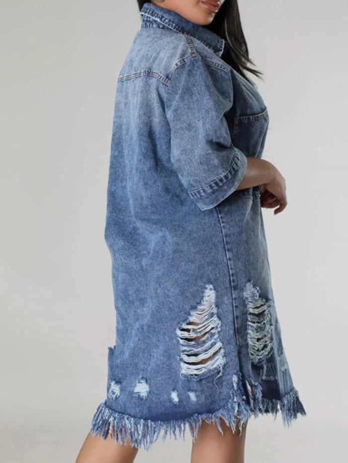 Plus Size Distressed Frayed Hem Button-Down Denim Dress – detail 4