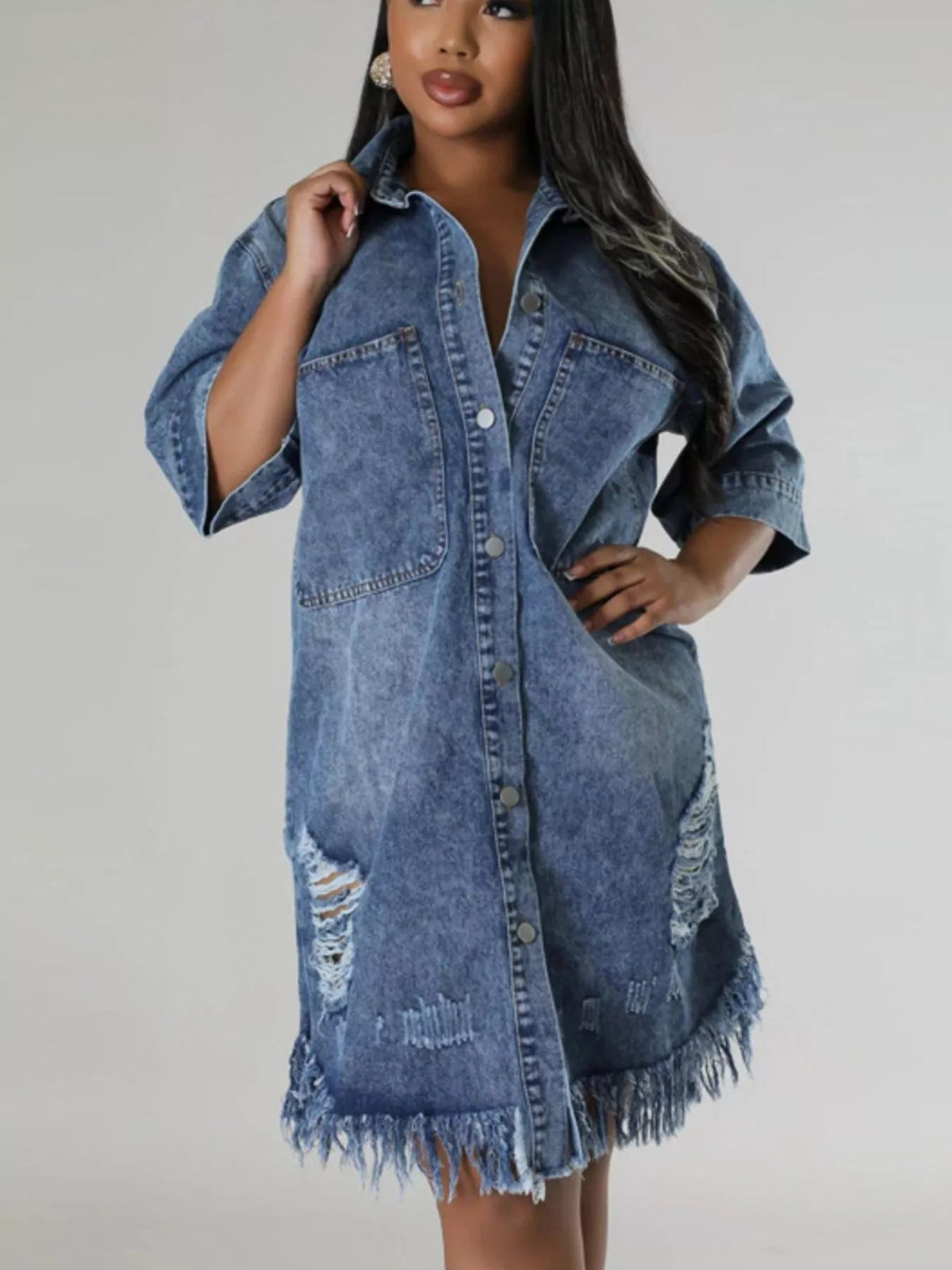 Plus Size Distressed Frayed Hem Button-Down Denim Dress – image 3