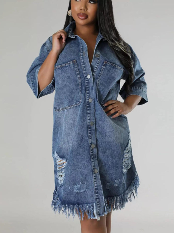 Plus Size Distressed Frayed Hem Button-Down Denim Dress – detail 1