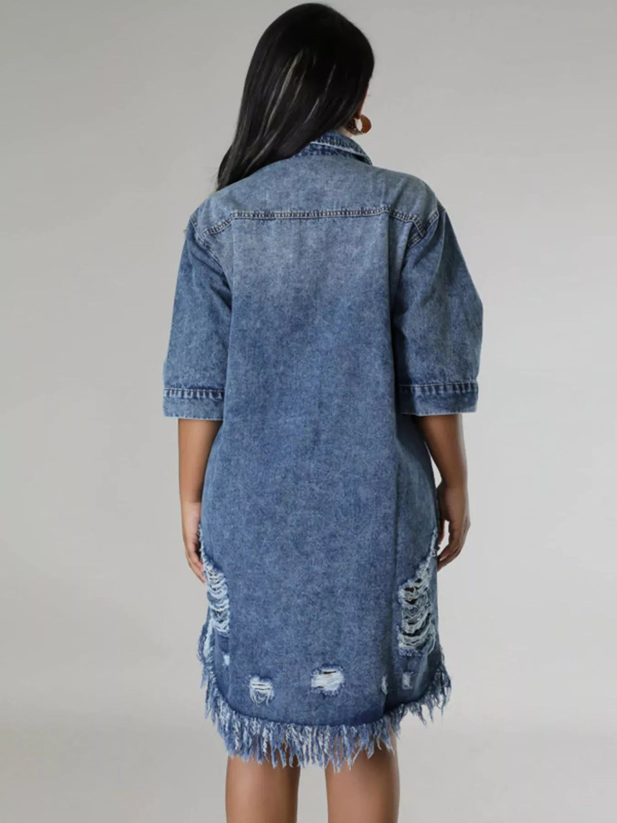 Plus Size Distressed Frayed Hem Button-Down Denim Dress – image 4