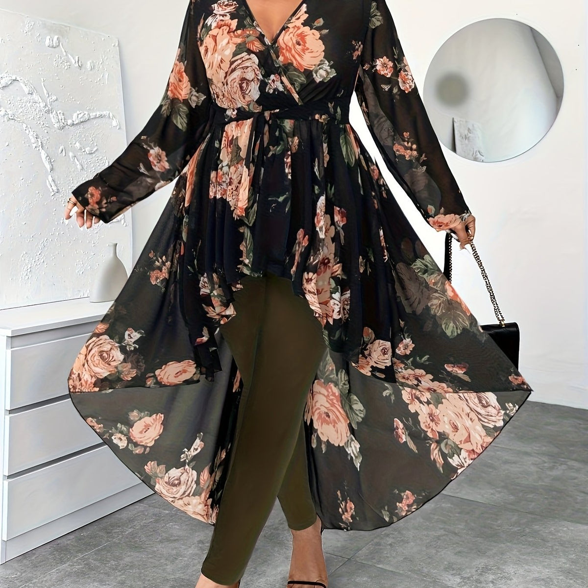 Plus Size Floral V-Neck High-Low Chiffon Blouse – image 25