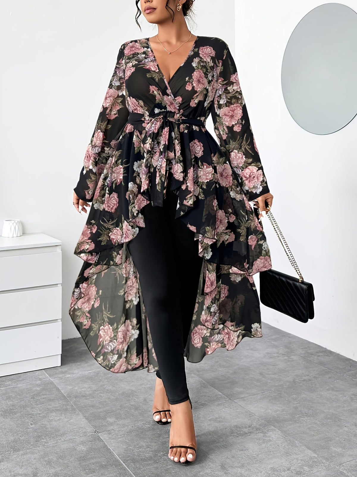 Plus Size Floral V-Neck High-Low Chiffon Blouse – image 20