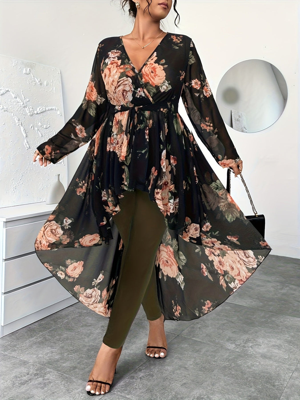 Plus Size Floral V-Neck High-Low Chiffon Blouse – image 1