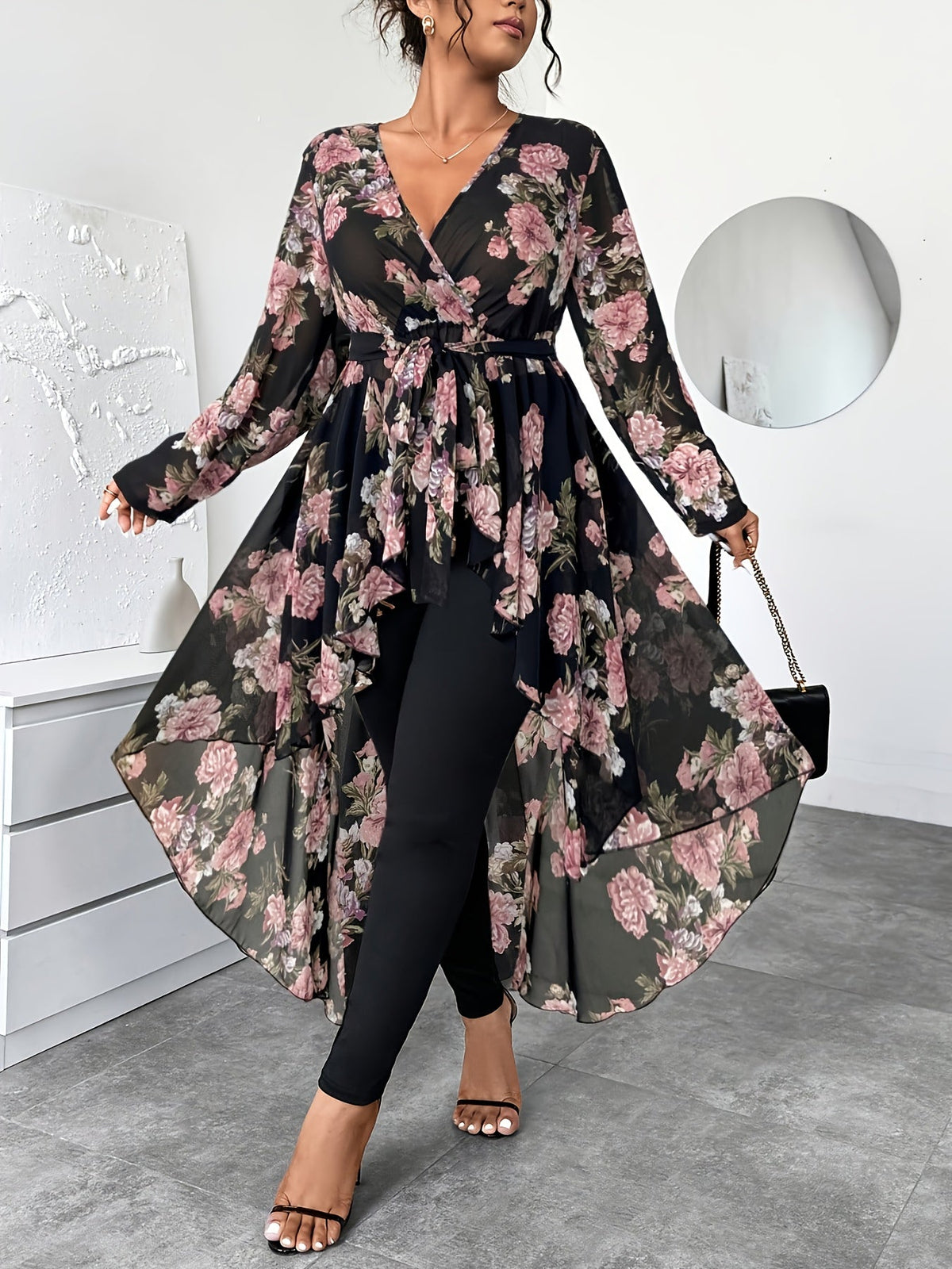 Plus Size Floral V-Neck High-Low Chiffon Blouse – image 17