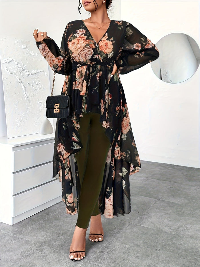 Plus Size Floral V-Neck High-Low Chiffon Blouse – detail 3