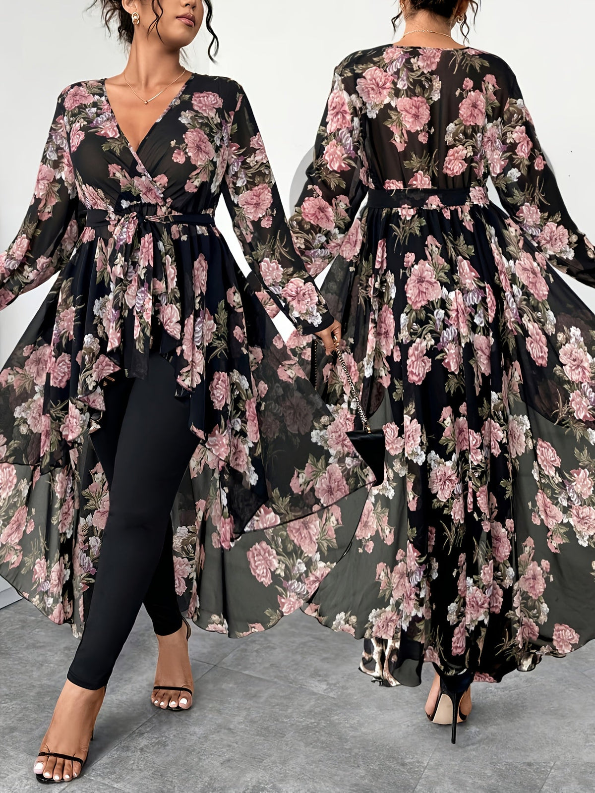 Plus Size Floral V-Neck High-Low Chiffon Blouse – image 16