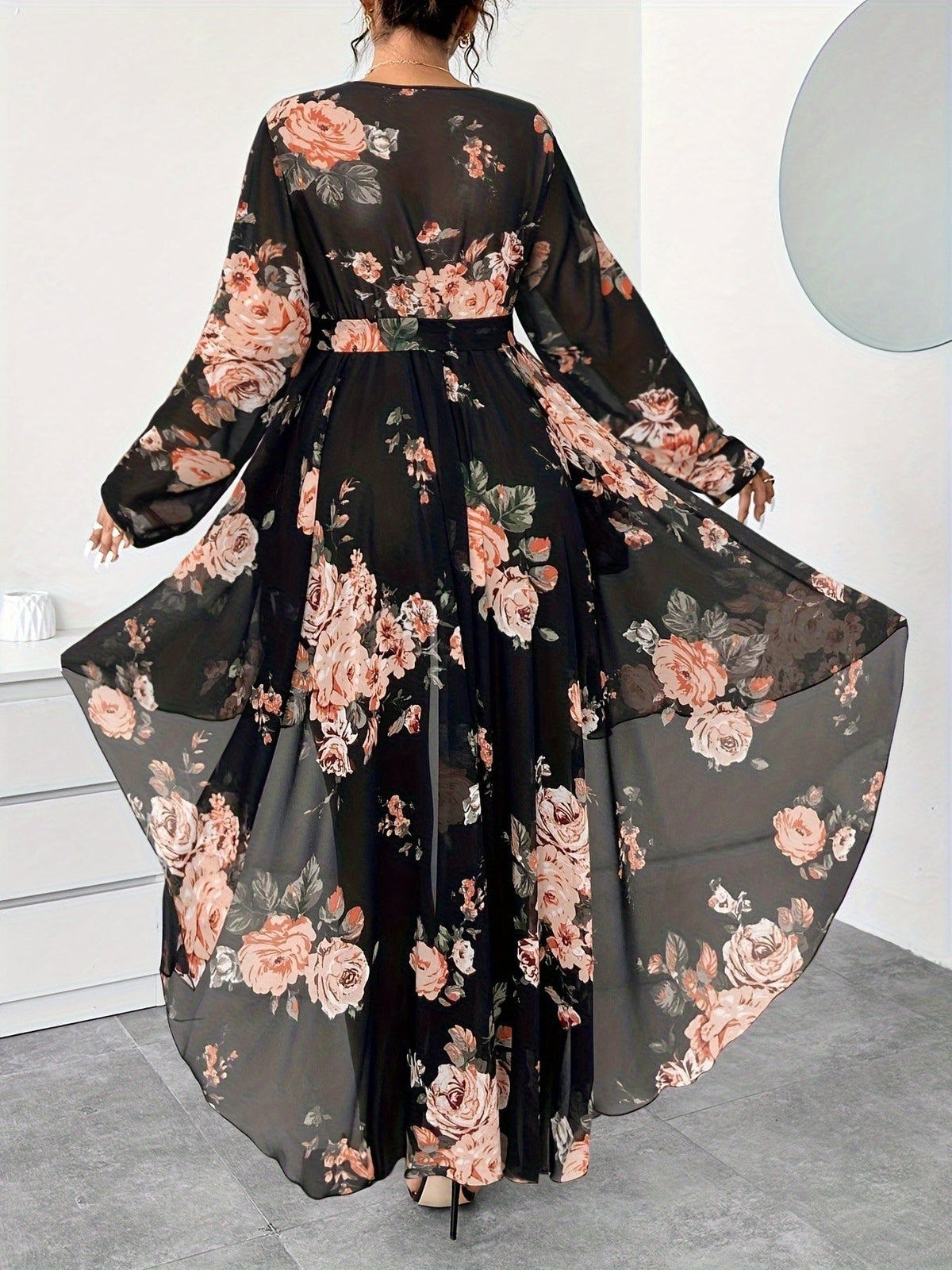 Plus Size Floral V-Neck High-Low Chiffon Blouse styled