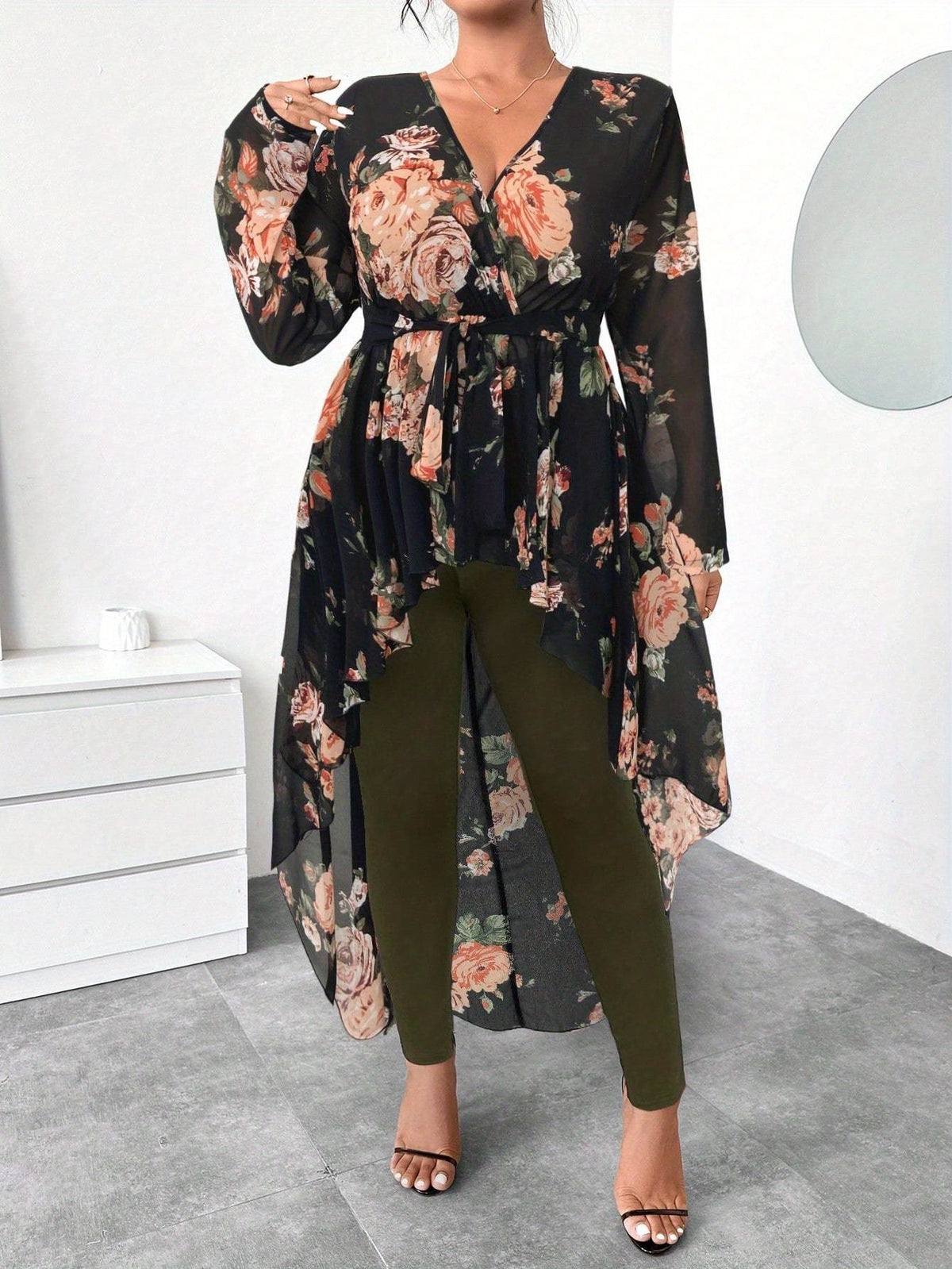 Plus Size Floral V-Neck High-Low Chiffon Blouse – image 4