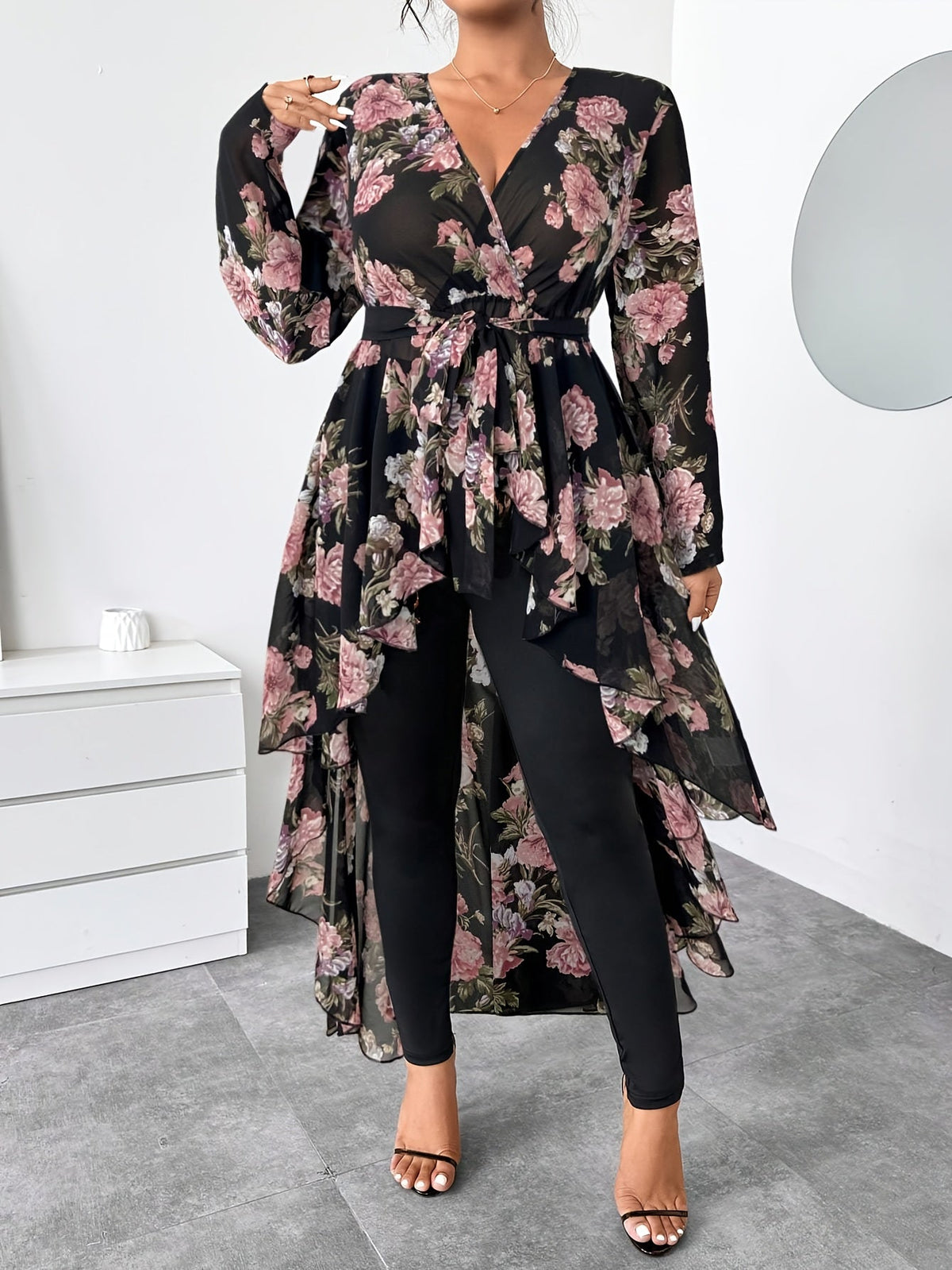 Plus Size Floral V-Neck High-Low Chiffon Blouse – image 18