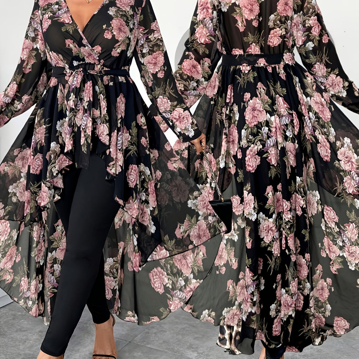 Plus Size Floral V-Neck High-Low Chiffon Blouse – image 22