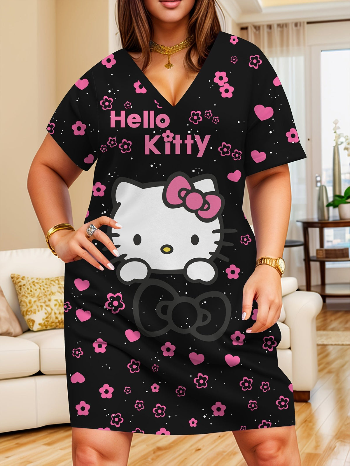 Plus Size Hello Kitty Print V-Neck Short Sleeve Dress – image 1