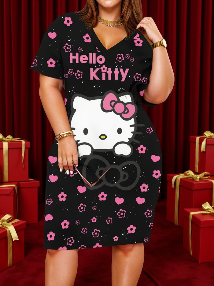 Plus Size Hello Kitty Print V-Neck Short Sleeve Dress – detail 1