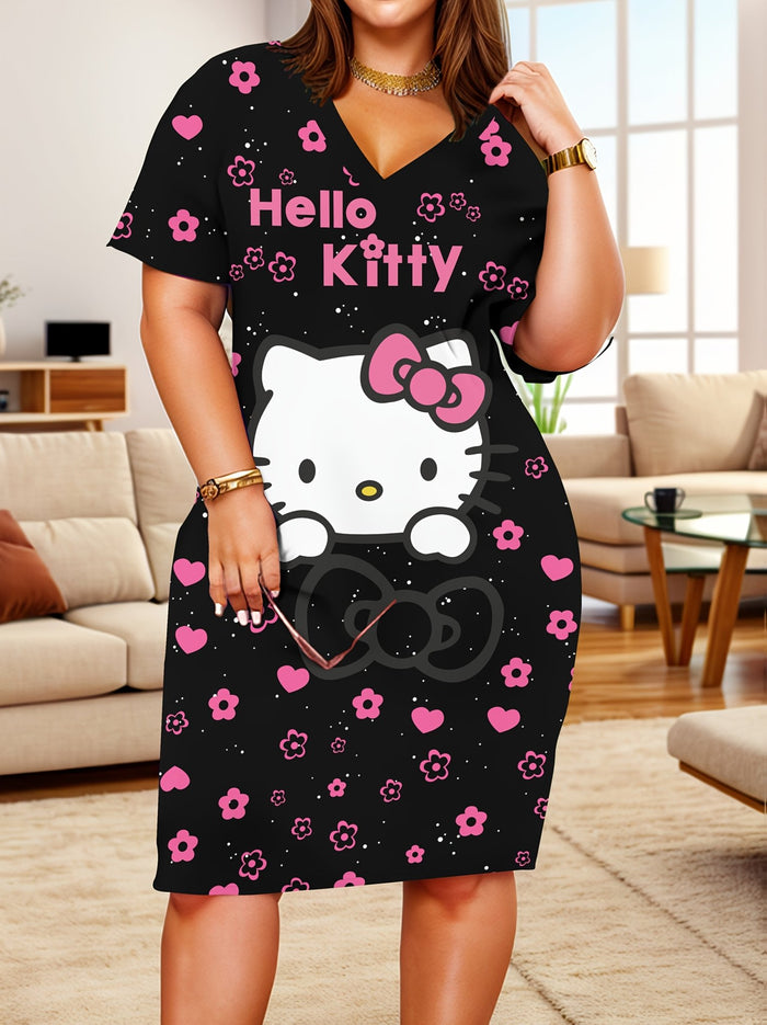 Plus Size Hello Kitty Print V-Neck Short Sleeve Dress – detail 2