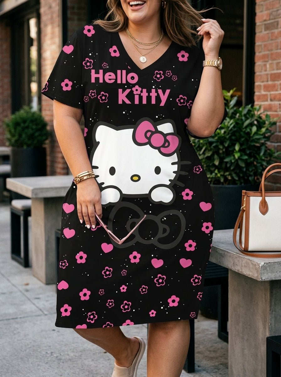 Plus Size Hello Kitty Print V-Neck Short Sleeve Dress – image 2