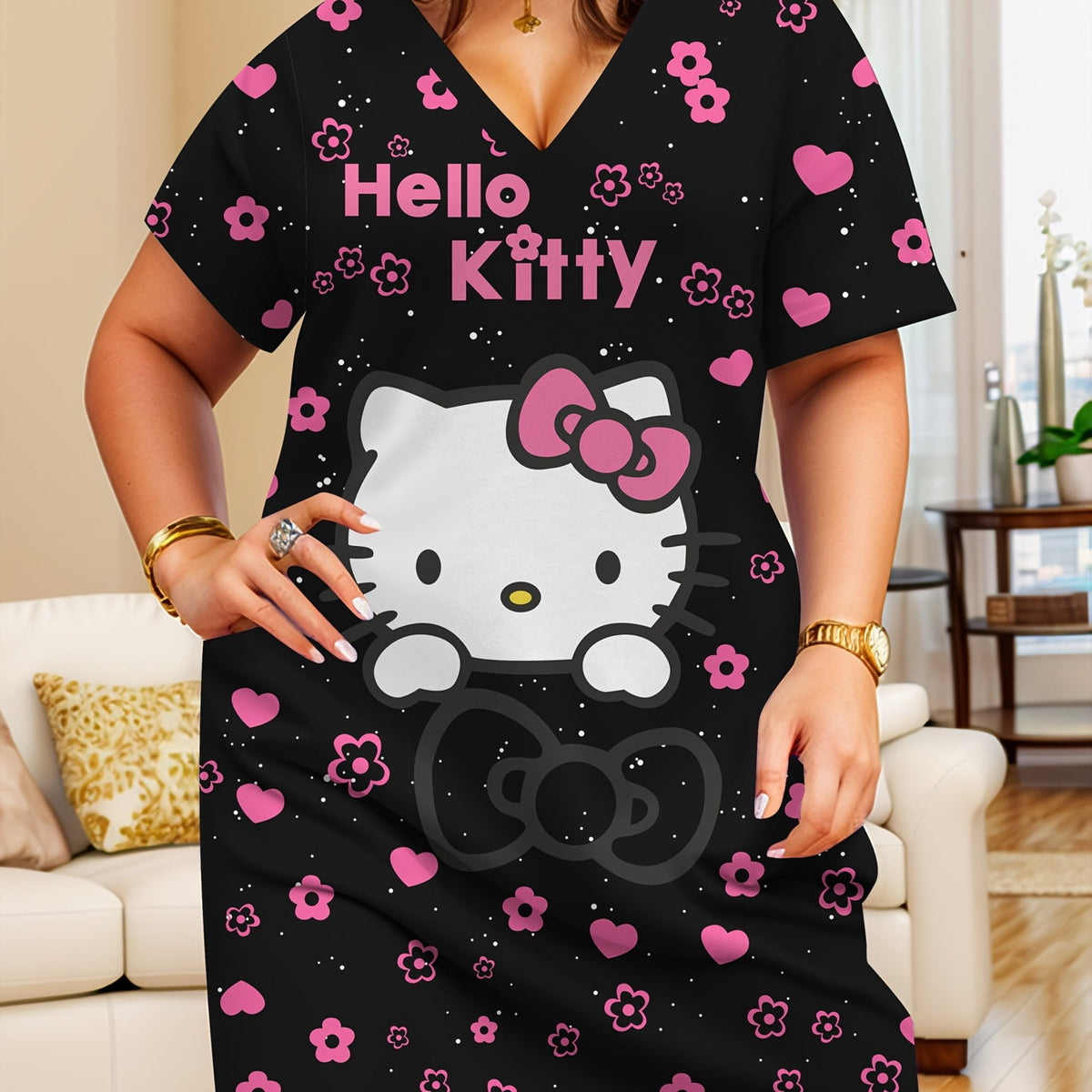 Plus Size Hello Kitty Print V-Neck Short Sleeve Dress – image 6
