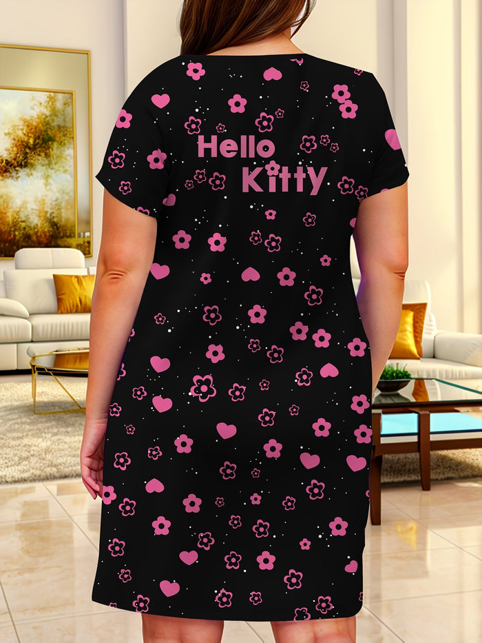 Plus Size Hello Kitty Print V-Neck Short Sleeve Dress – detail 3