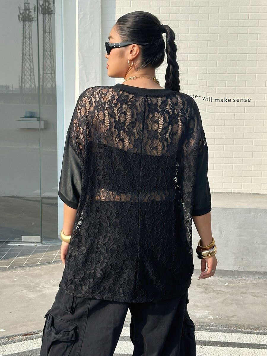 Plus Size Oversized V-Neck Lace Top styled