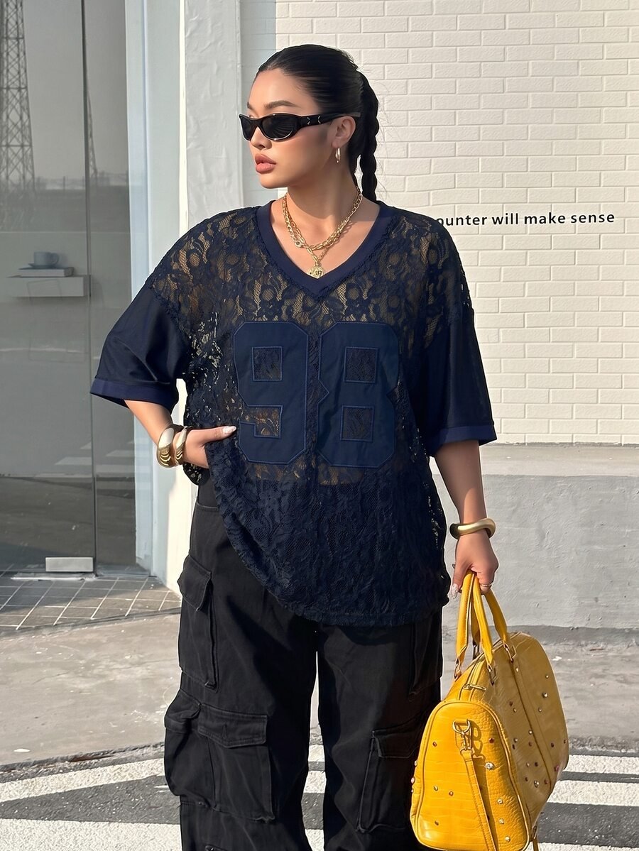 Plus Size Oversized V-Neck Lace Top – image 42