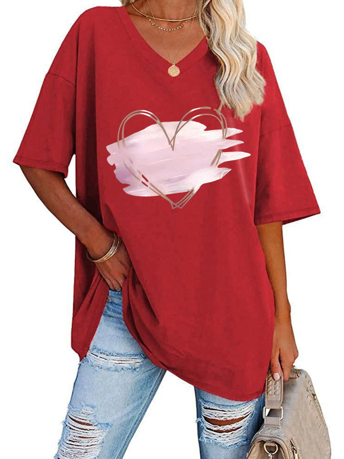 Plus Size Printed V-Neck Tunic Top - Curvella