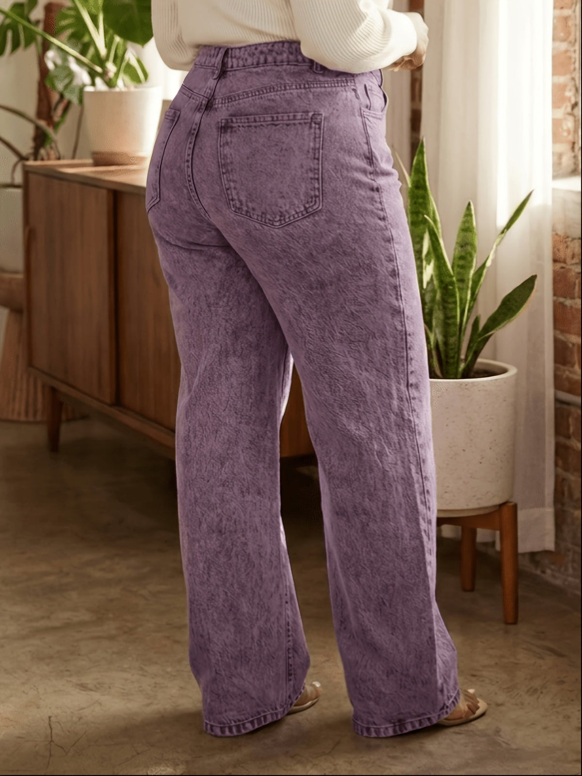Plus Size Purple Washed High-Waist Straight-Leg Jeans styled