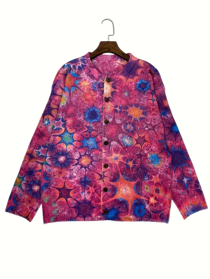 Plus Size Rose Red Printed Button Cardigan – detail 3