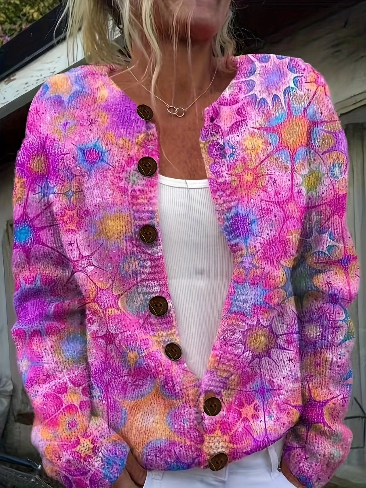 Plus Size Rose Red Printed Button Cardigan – image 1