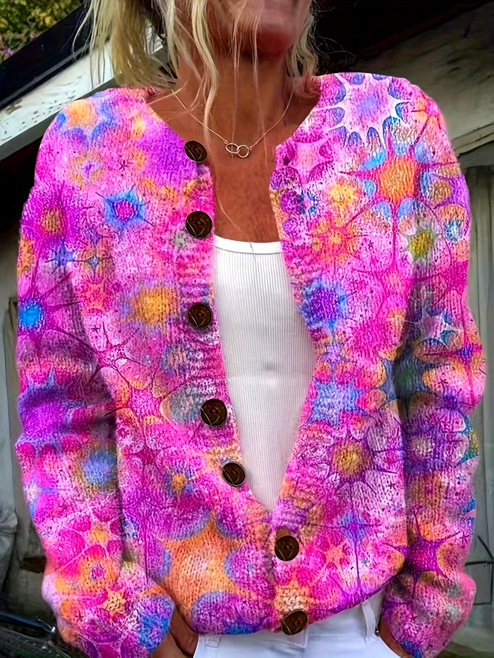 Plus Size Rose Red Printed Button Cardigan – detail 2