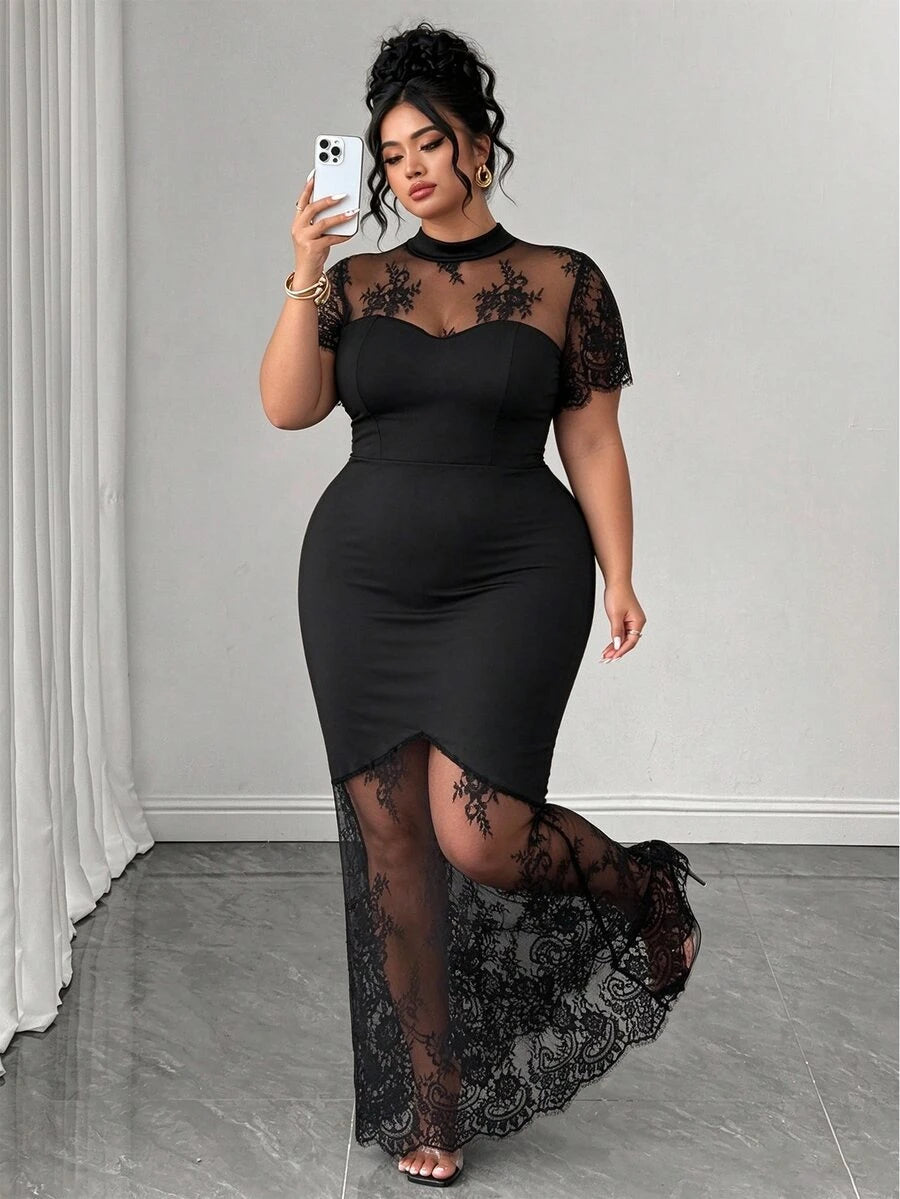 Plus Size Stand Collar Lace Mermaid Maxi Dress – image 37