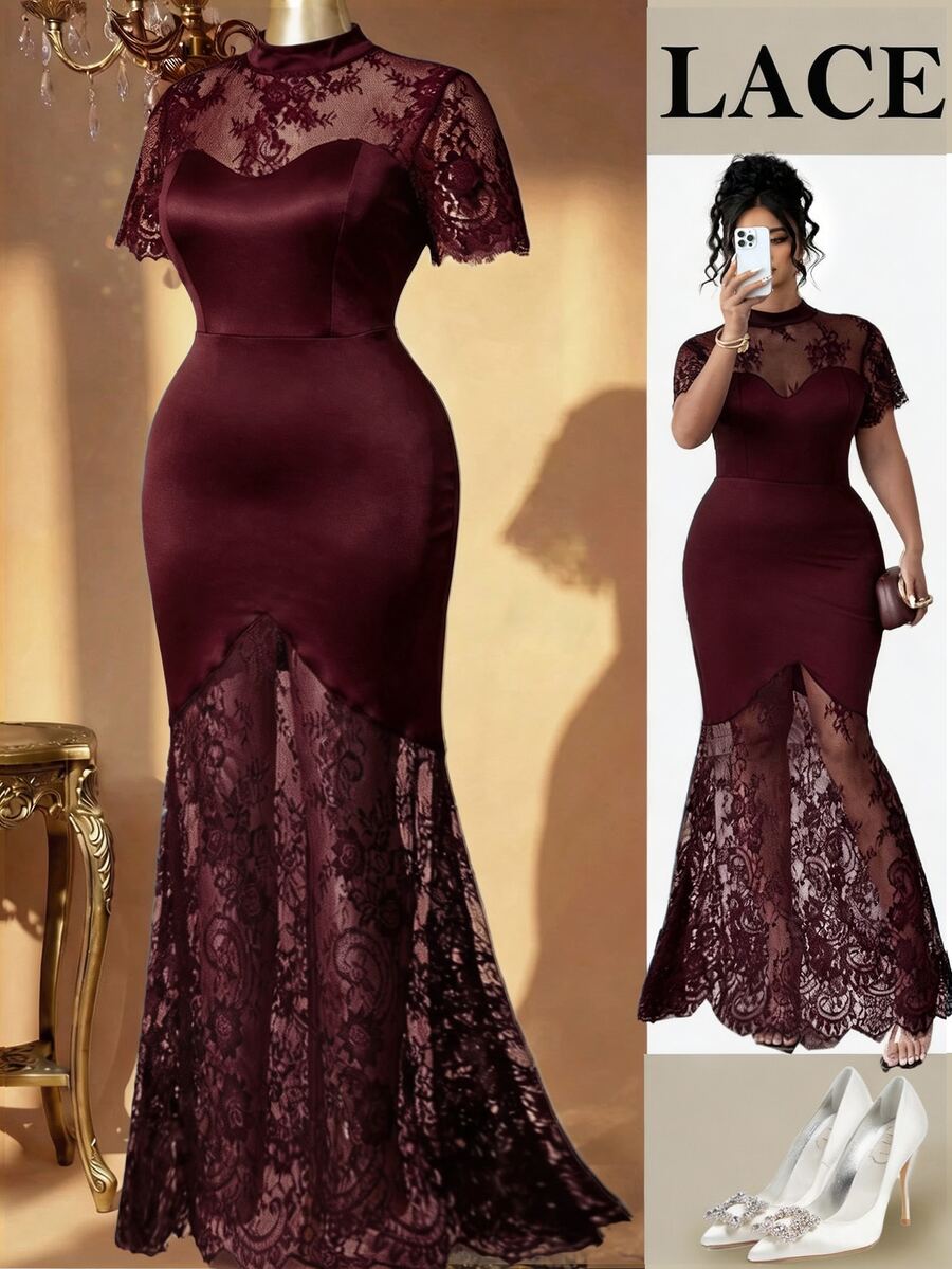 Plus Size Stand Collar Lace Mermaid Maxi Dress – image 26