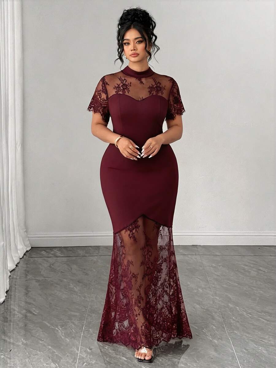Plus Size Stand Collar Lace Mermaid Maxi Dress – image 25