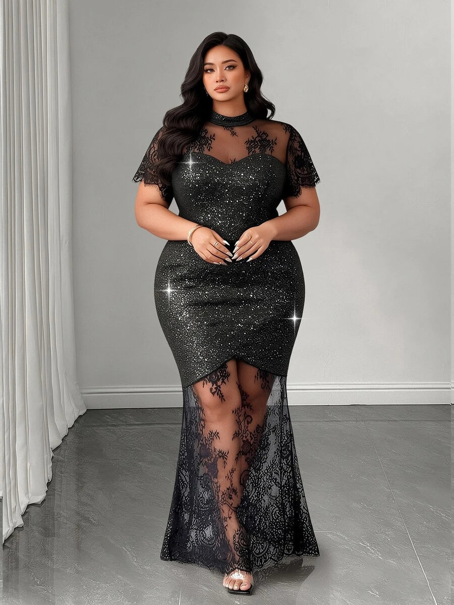 Plus Size Stand Collar Lace Mermaid Maxi Dress – image 1