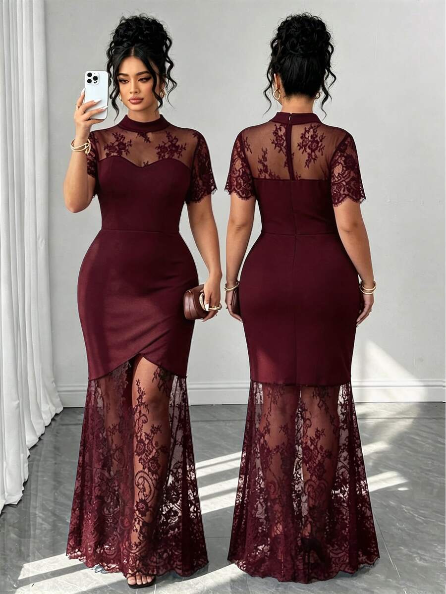 Plus Size Stand Collar Lace Mermaid Maxi Dress – image 19