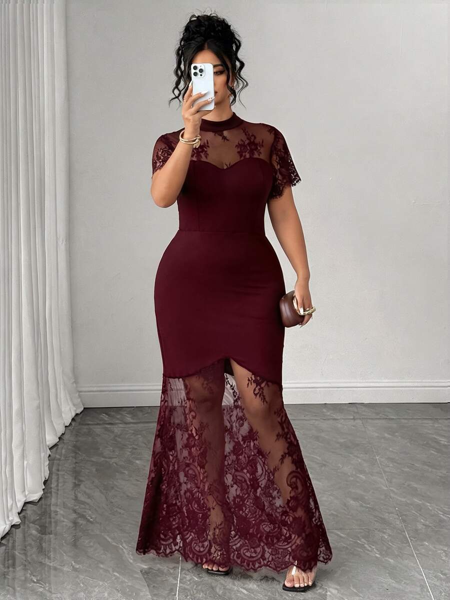 Plus Size Stand Collar Lace Mermaid Maxi Dress – image 24